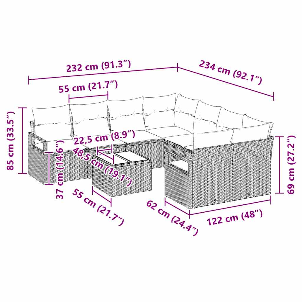 Bankstel 9 st 8-Aantal zitplaatsen Beige en Crème poly rattan