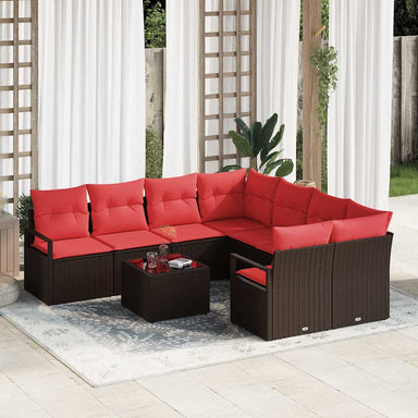 Bankstel 9 st 8-Aantal zitplaatsen Bruin en Rood poly rattan