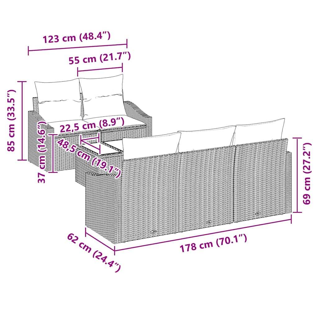 Bankstel 6 st Zwart poly rattan