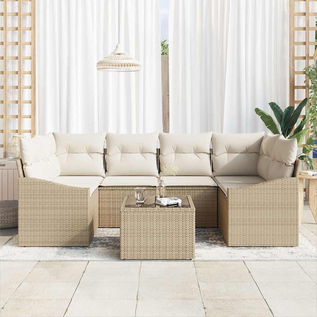 Bankstel 7 st Beige en Crème poly rattan