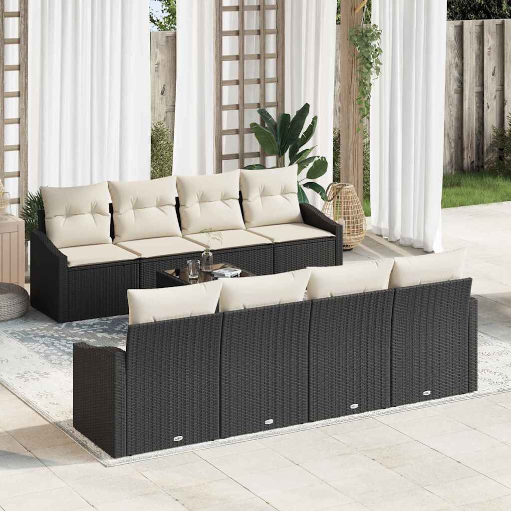 Bankstel 9 st Zwart en Crème poly rattan