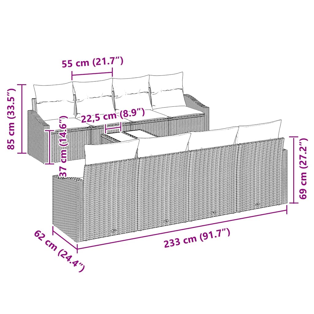 Bankstel 9 st Grijs poly rattan
