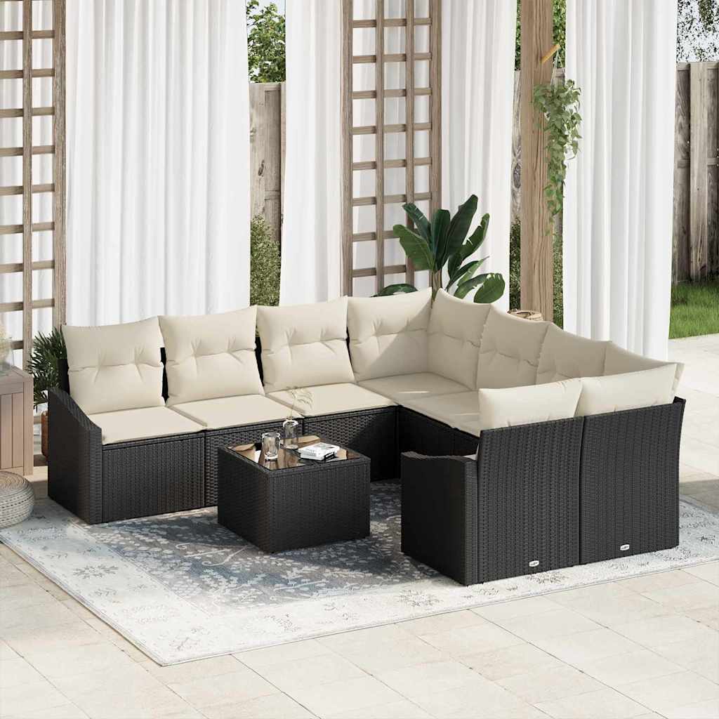 Bankstel 9 st Zwart en Crème poly rattan