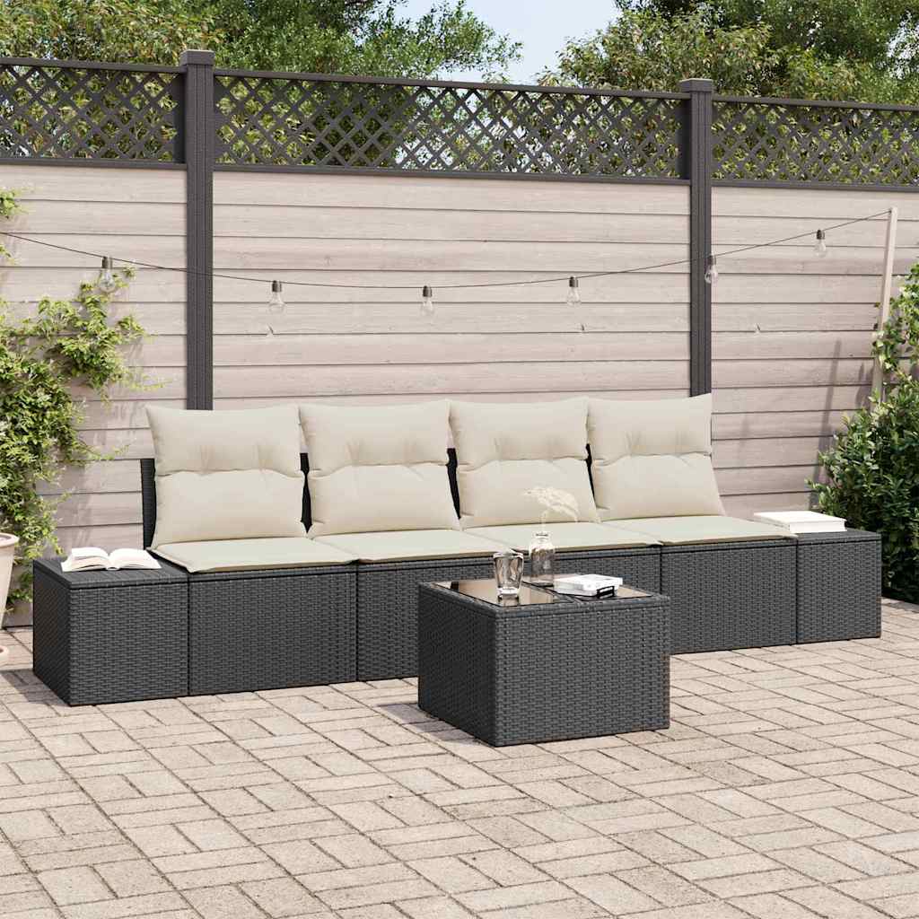 Bankstel 5 st Zwart en Crème poly rattan