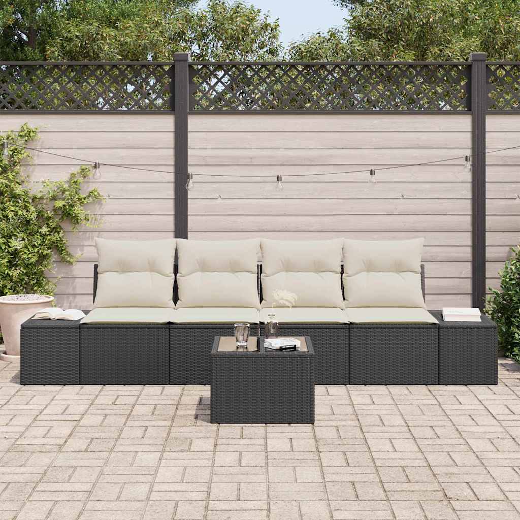 Bankstel 5 st Zwart en Crème poly rattan
