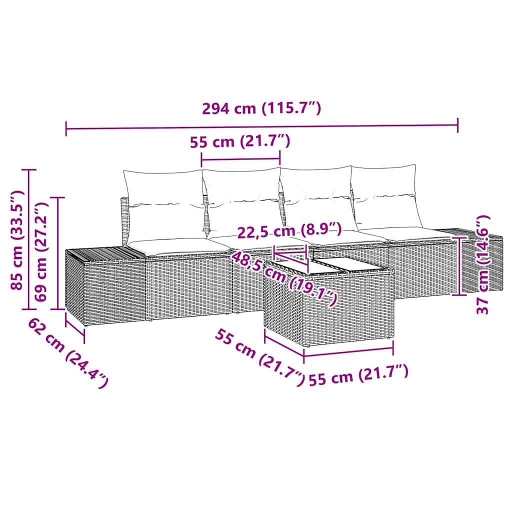 Bankstel 5 st Bruin en Crème poly rattan