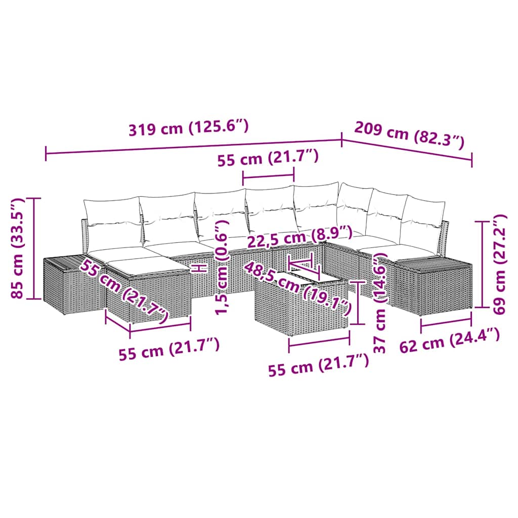 Tuin Sofa Set 9 st Zwart poly rattan