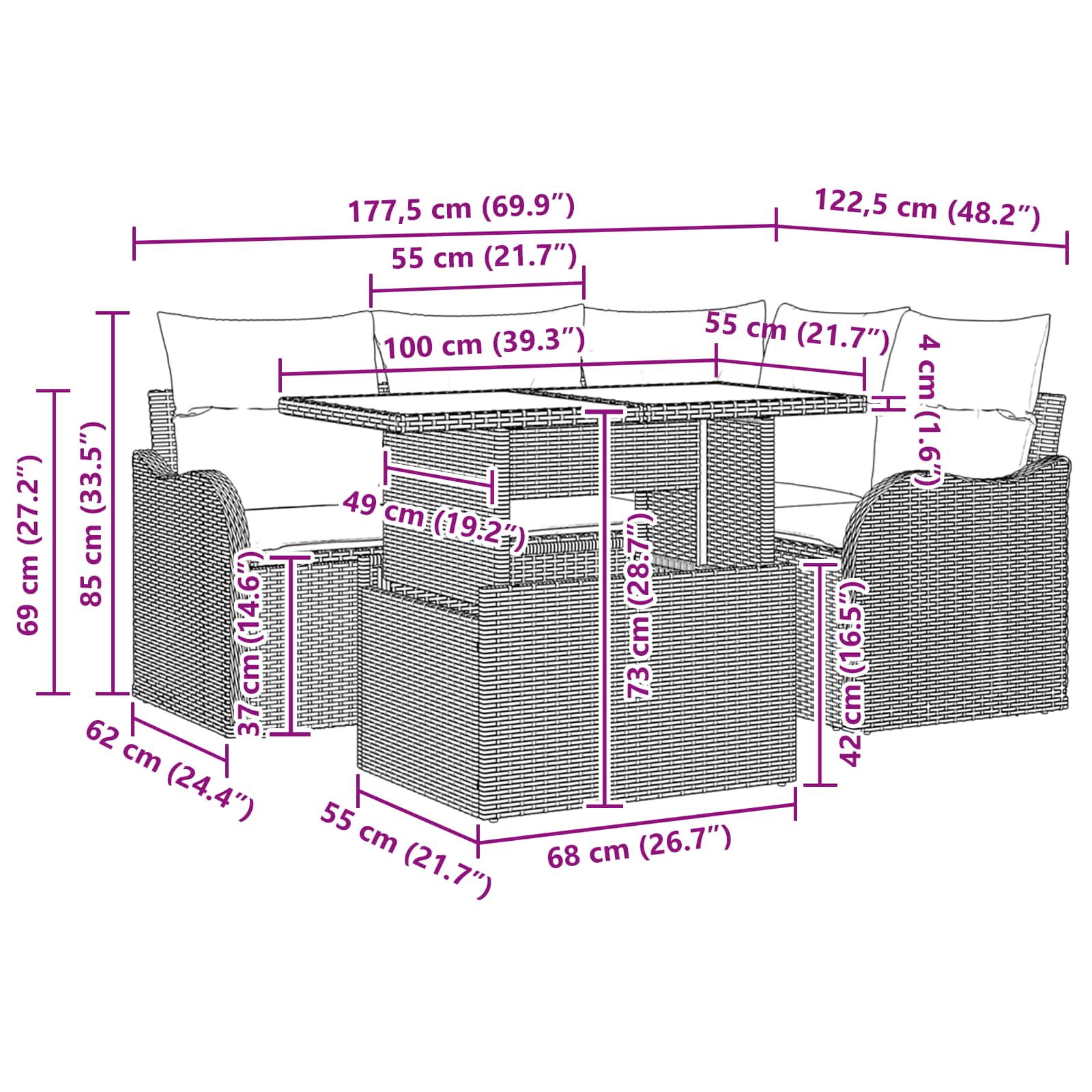 Tuin Sofa Set 5 st 4-Aantal zitplaatsen Bruin en Rood