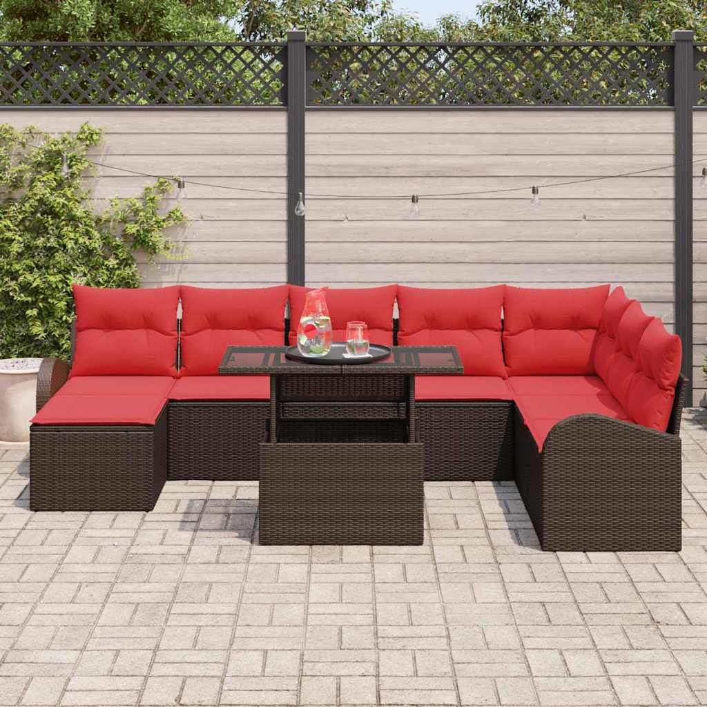 Tuin Sofa Set 9 st Bruin en Rood poly rattan