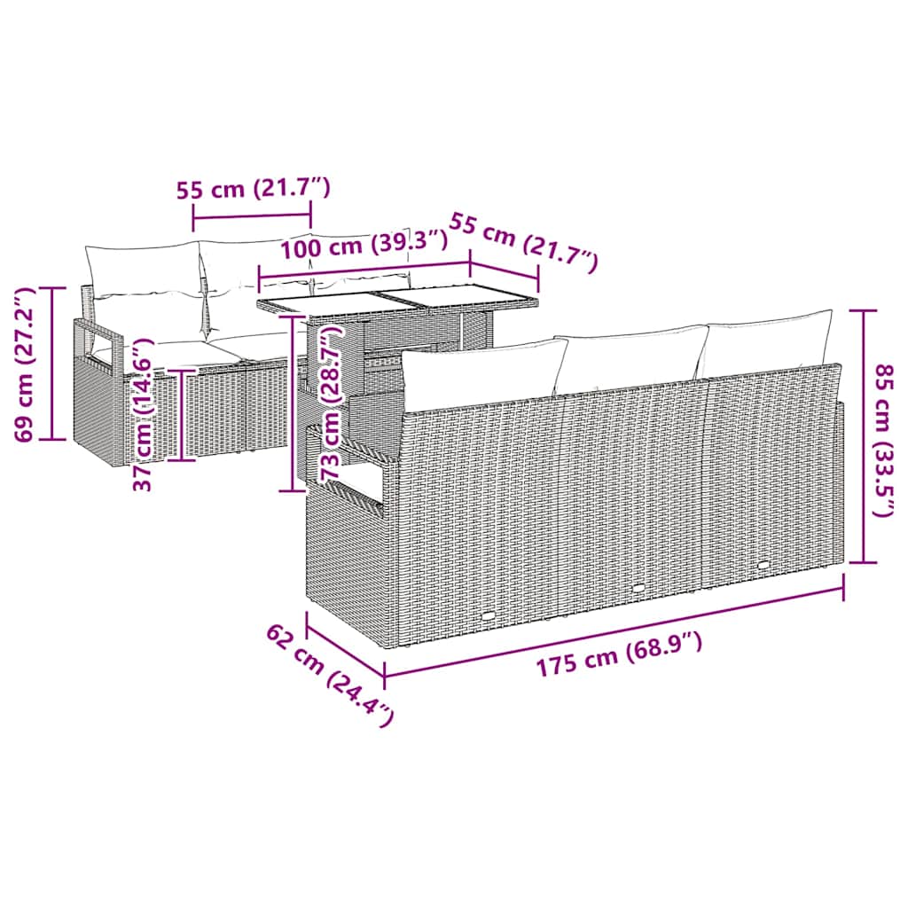 Tuin Sofa Set 7 st 6-Aantal zitplaatsen Zwart poly rattan