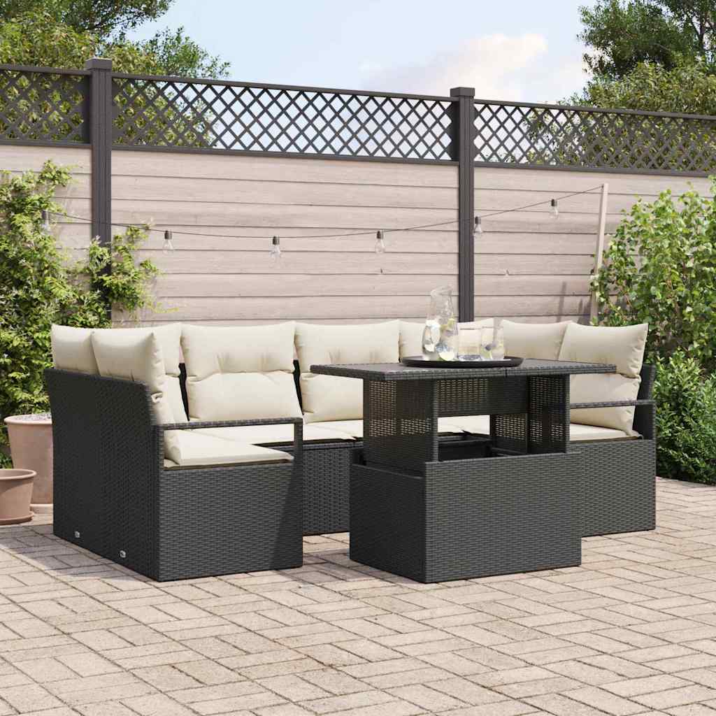 Tuin Sofa Set 7 st 6-Aantal zitplaatsen Zwart poly rattan