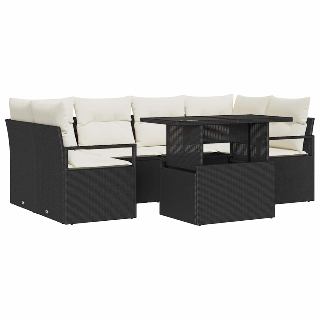 Tuin Sofa Set 7 st 6-Aantal zitplaatsen Zwart poly rattan