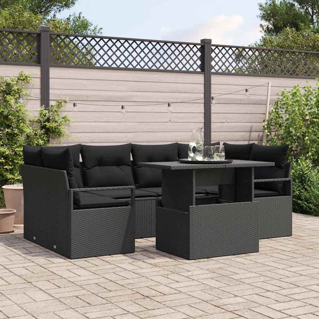 Tuin Sofa Set 7 st 6-Aantal zitplaatsen Zwart poly rattan