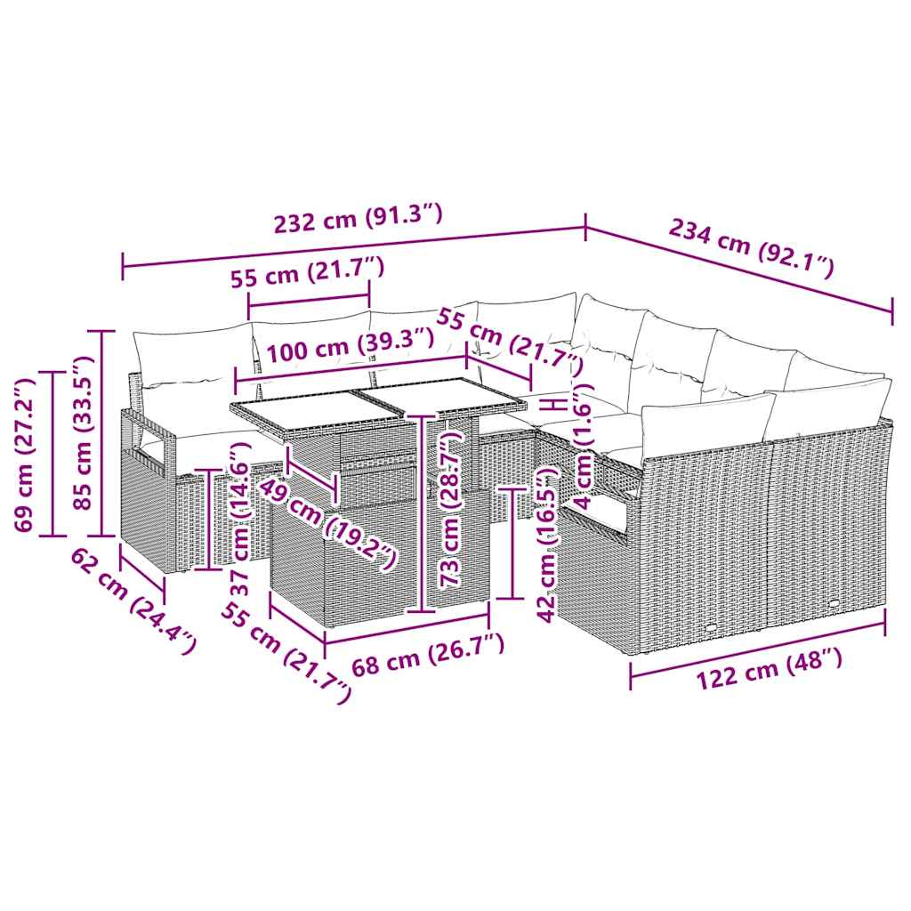 Tuin Sofa Set 9 st 8-Aantal zitplaatsen Grijs poly rattan