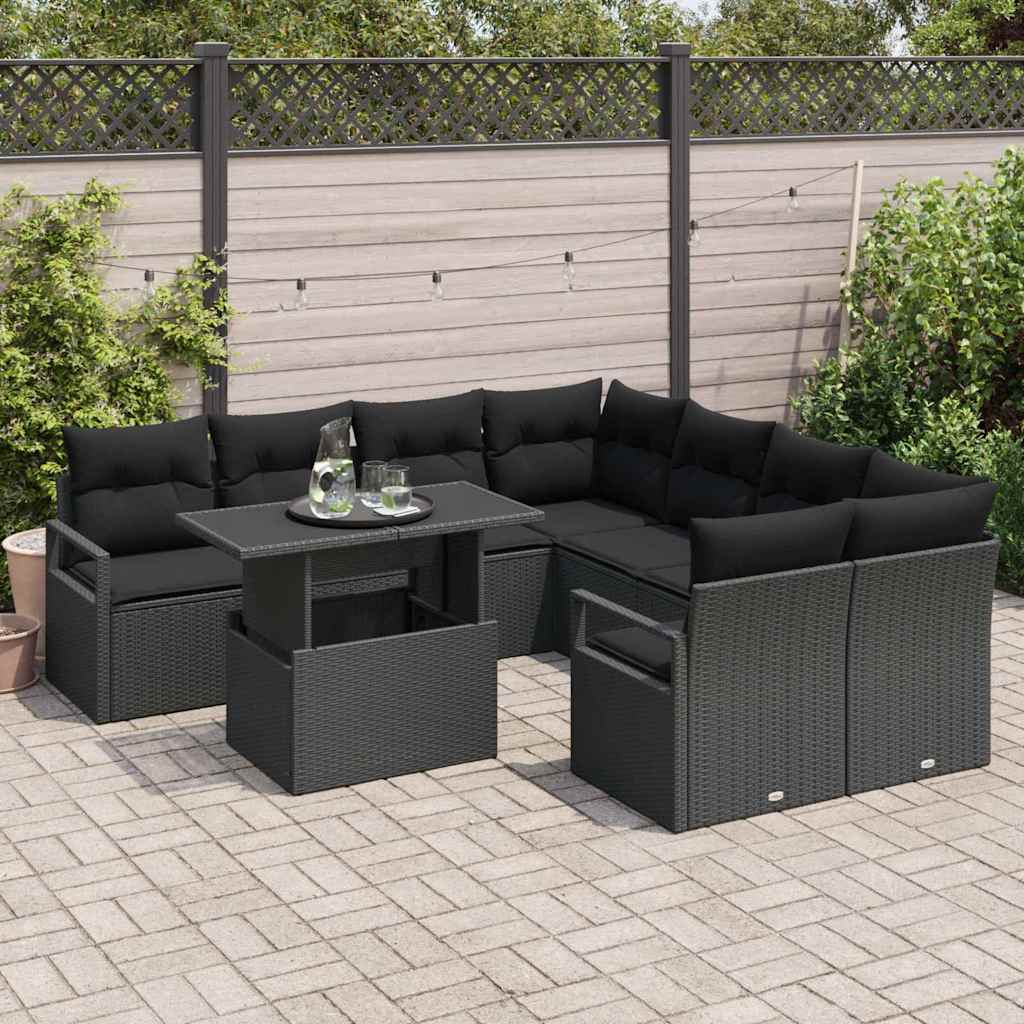 Tuin Sofa Set 9 st 8-Aantal zitplaatsen Zwart poly rattan