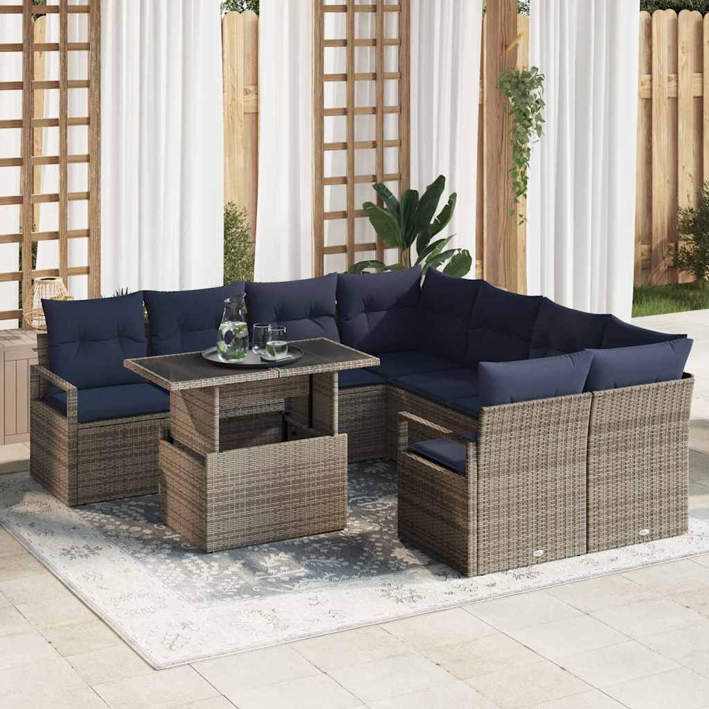 Tuin Sofa Set 9 st 8-Aantal zitplaatsen Grijs en Marineblauw