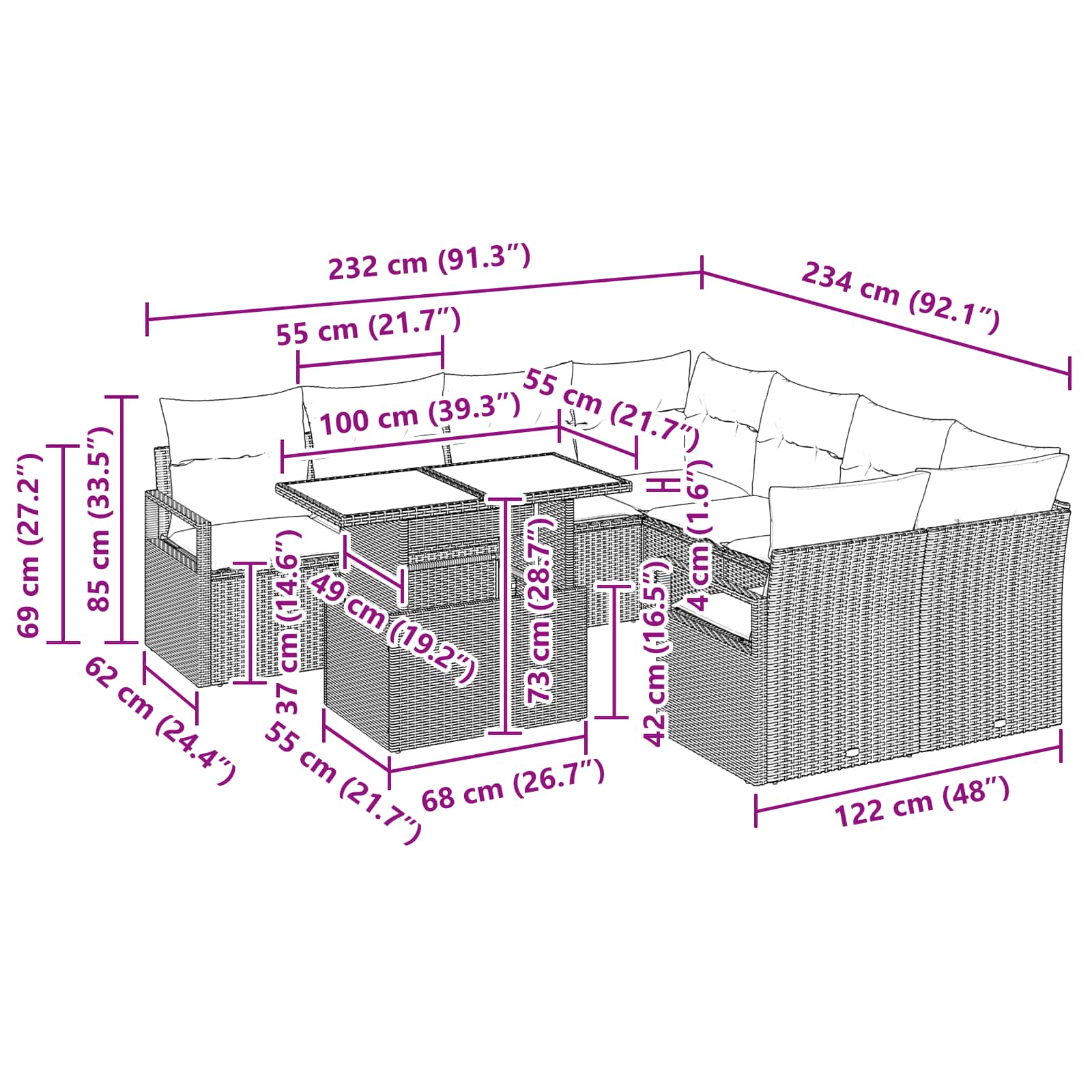 Tuin Sofa Set 9 st 8-Aantal zitplaatsen Zwart en Blauw