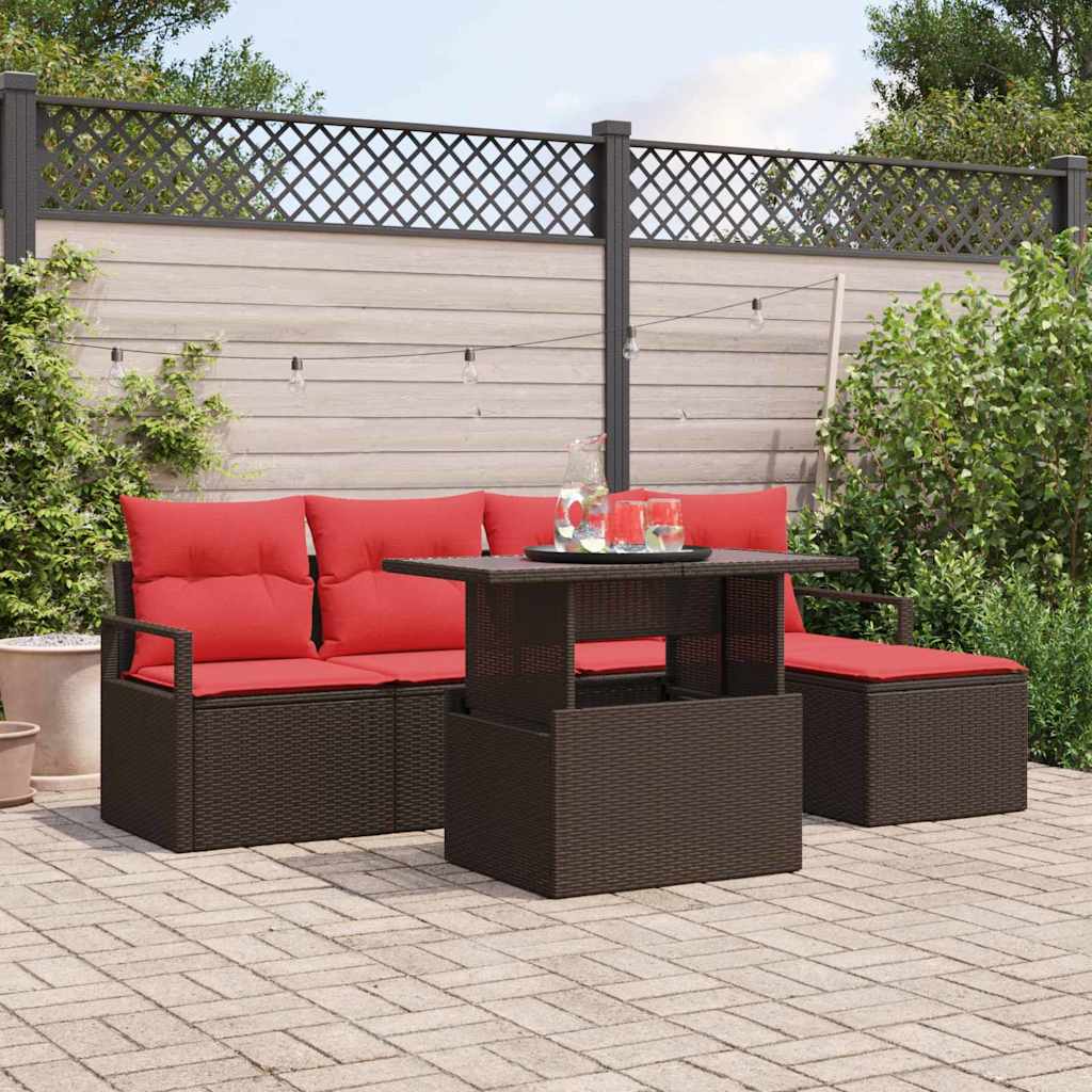 Tuin Sofa Set 6 st Bruin en Rood poly rattan