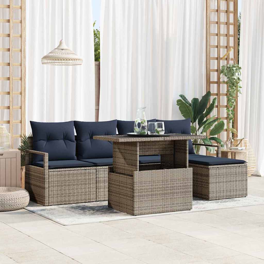 Tuin Sofa Set 6 st Grijs en Marineblauw poly rattan