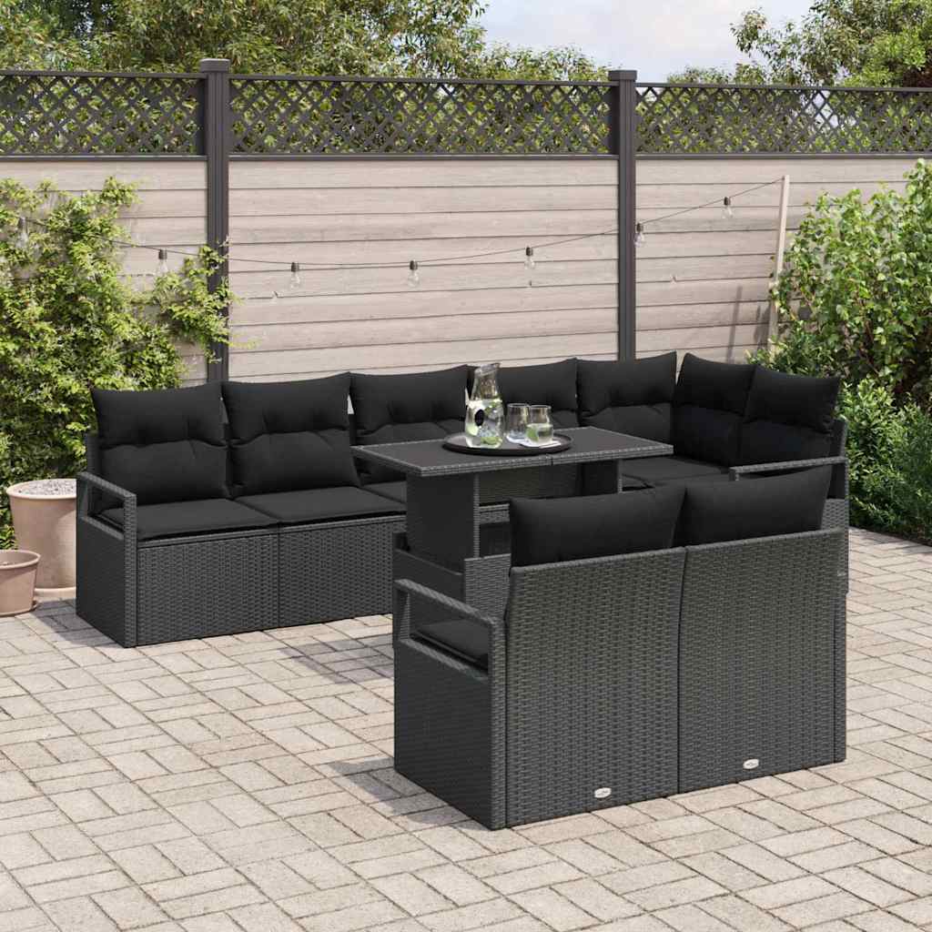 Tuin Sofa Set 9 st 8-Aantal zitplaatsen Zwart poly rattan