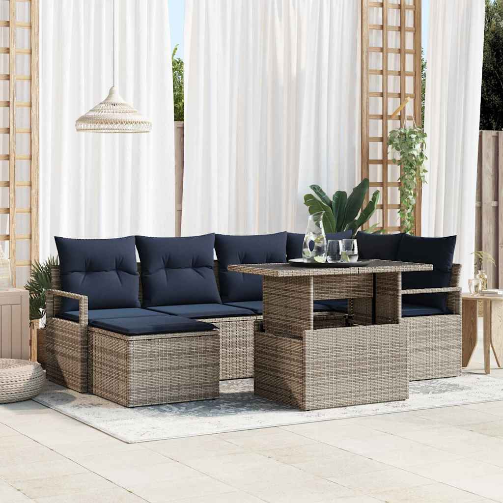 Tuin Sofa Set 7 st Grijs en Marineblauw Poly riet