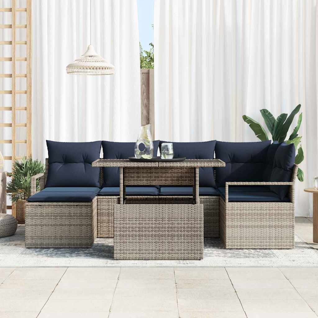 Tuin Sofa Set 7 st Grijs en Marineblauw Poly riet