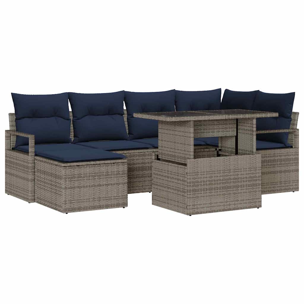 Tuin Sofa Set 7 st Grijs en Marineblauw Poly riet