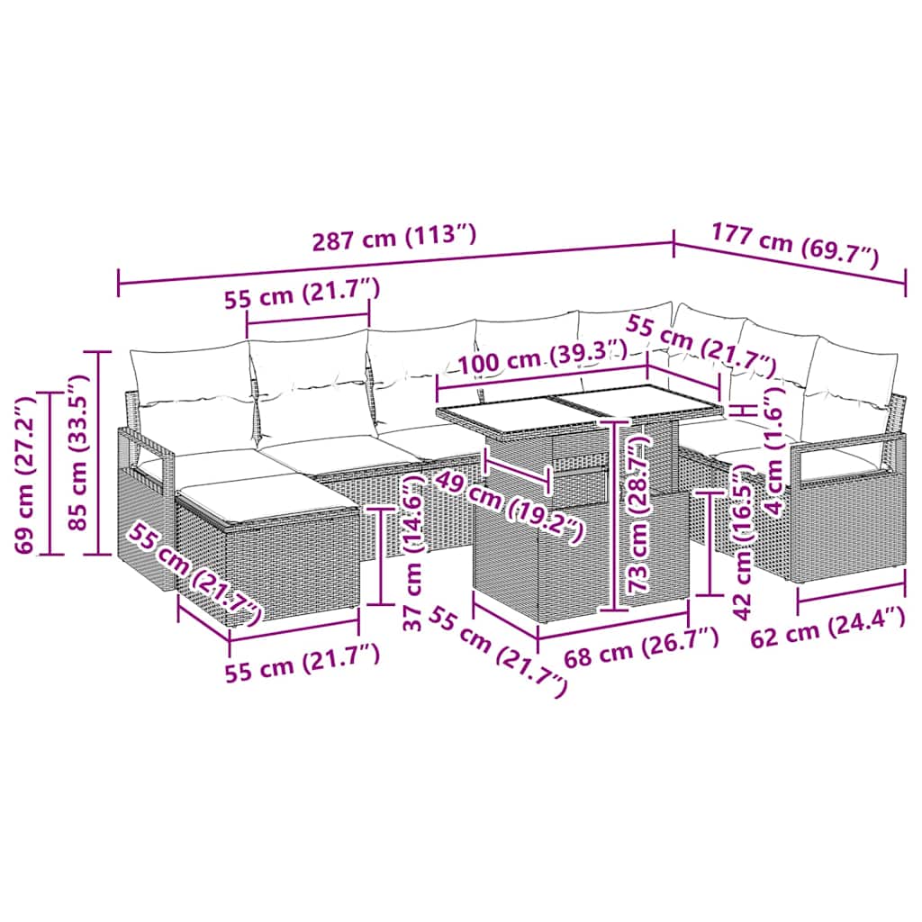 Tuin Sofa Set 9 st Zwart poly rattan