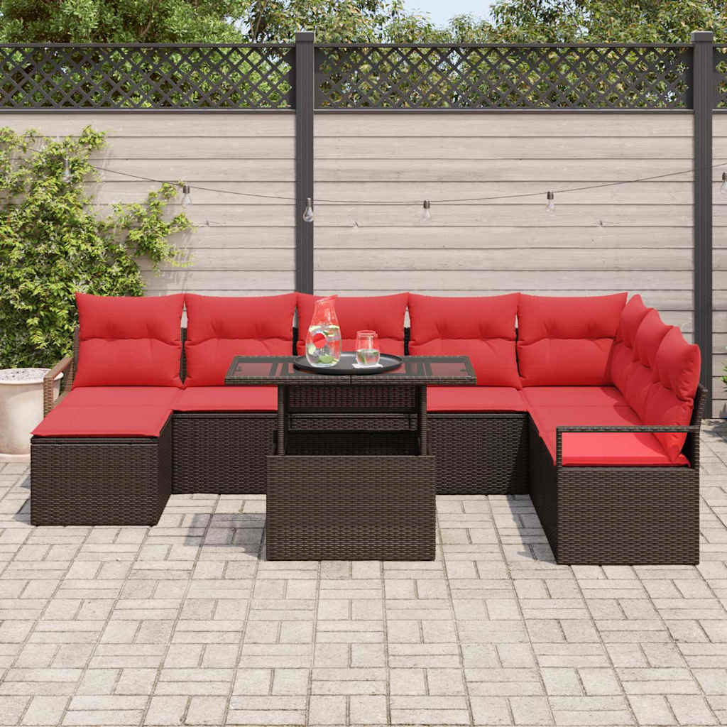 Tuin Sofa Set 9 st Bruin en Rood poly rattan