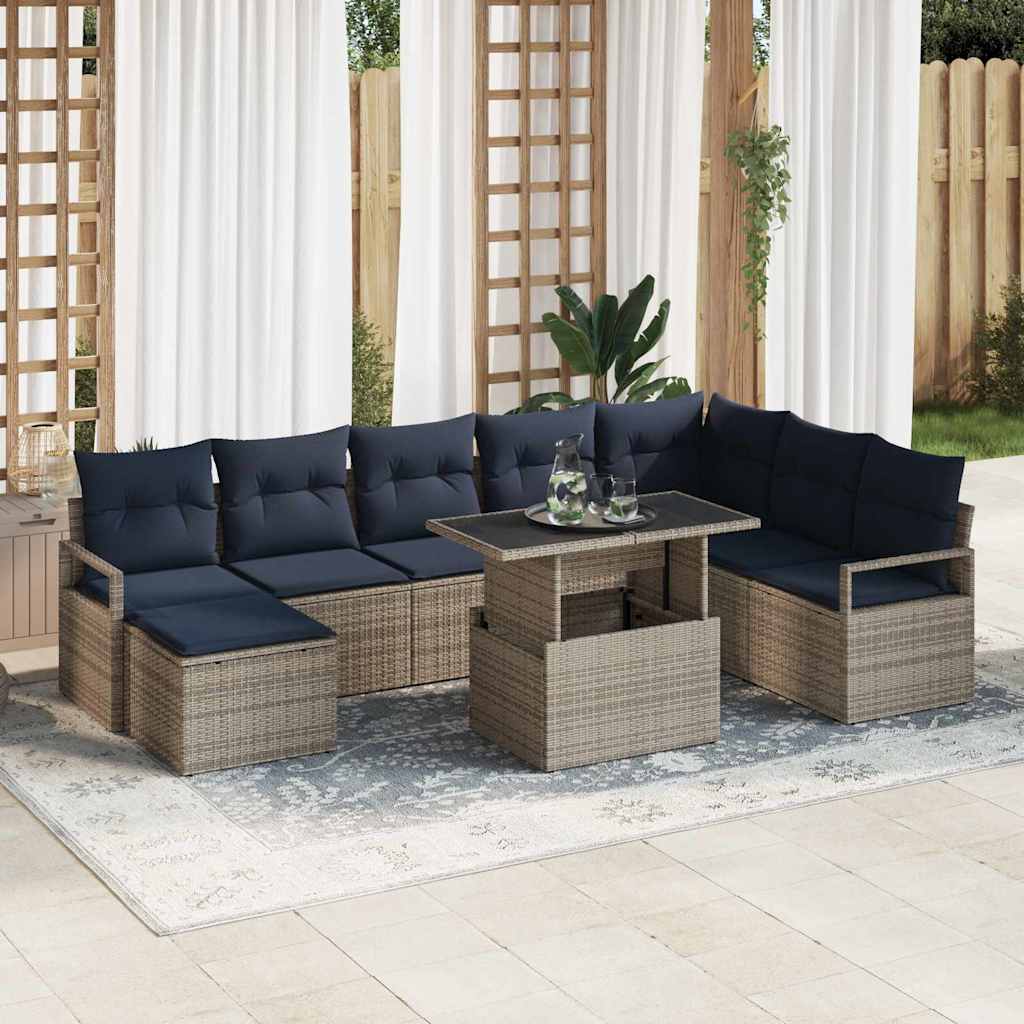Tuin Sofa Set 9 st Grijs en Marineblauw poly rattan