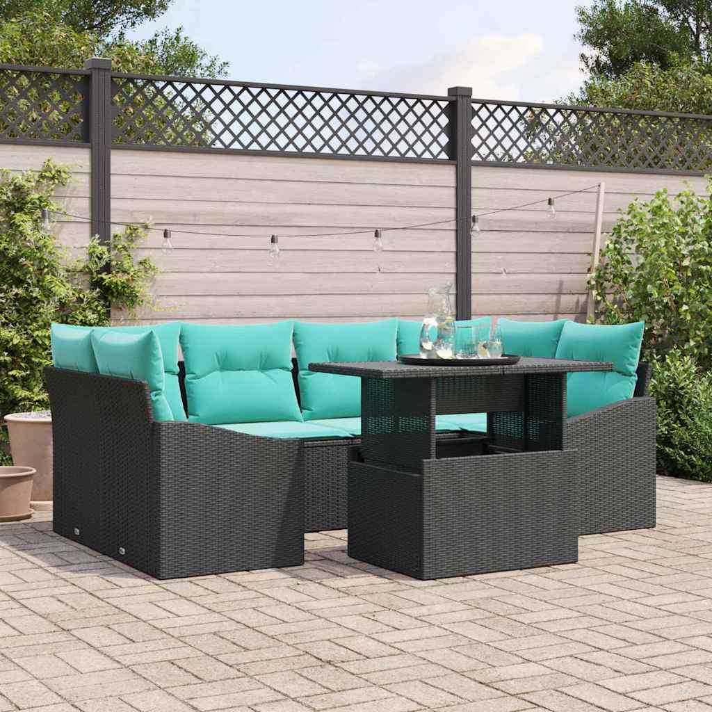 Tuin Sofa Set 7 st Zwart en Blauw Poly riet