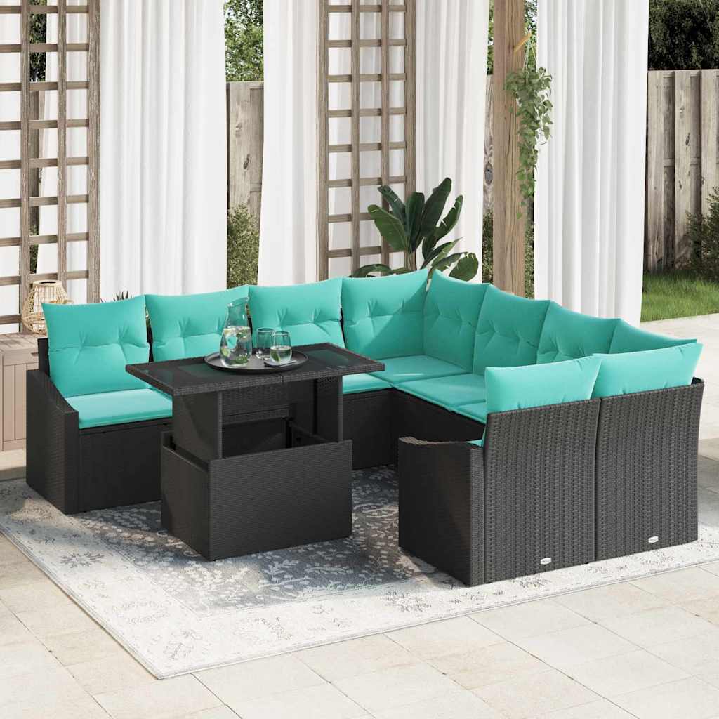 Tuin Sofa Set 9 st Zwart en Blauw poly rattan