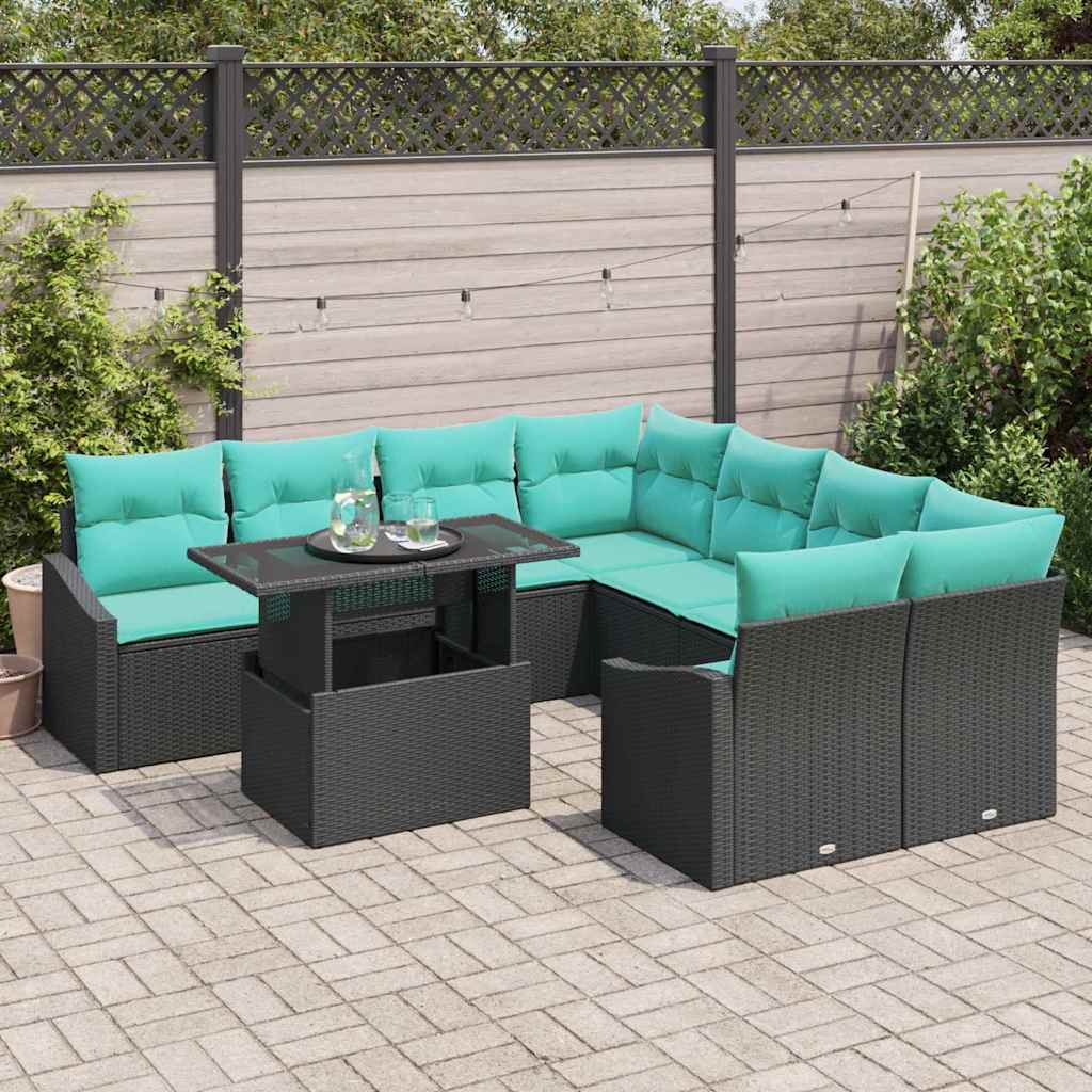 Tuin Sofa Set 9 st Zwart en Blauw poly rattan
