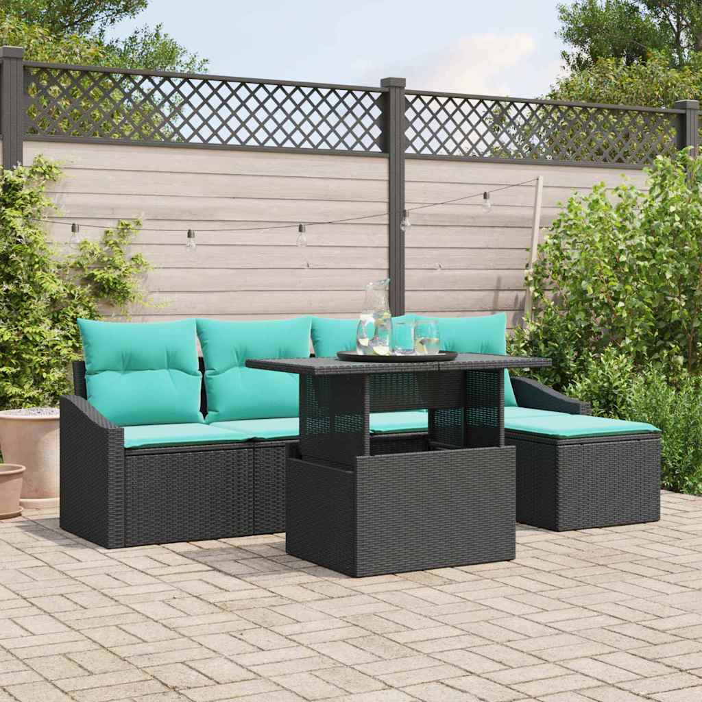 Tuin Sofa Set 6 st Zwart en Blauw poly rattan