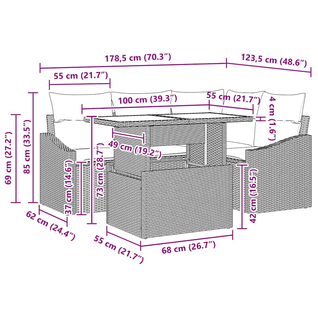 Tuin Sofa Set met kussen 5 pcs Zwart en Crème poly rattan
