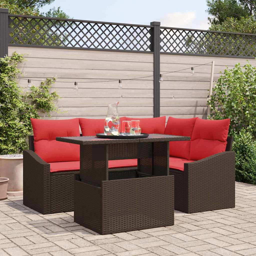 Tuin Sofa Set 5 st Bruin en Rood poly rattan