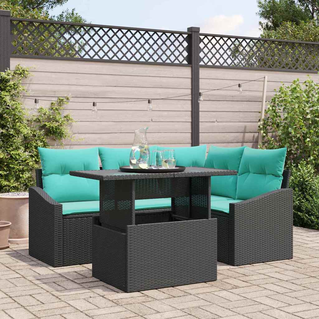Tuin Sofa Set 5 st Zwart en Blauw poly rattan