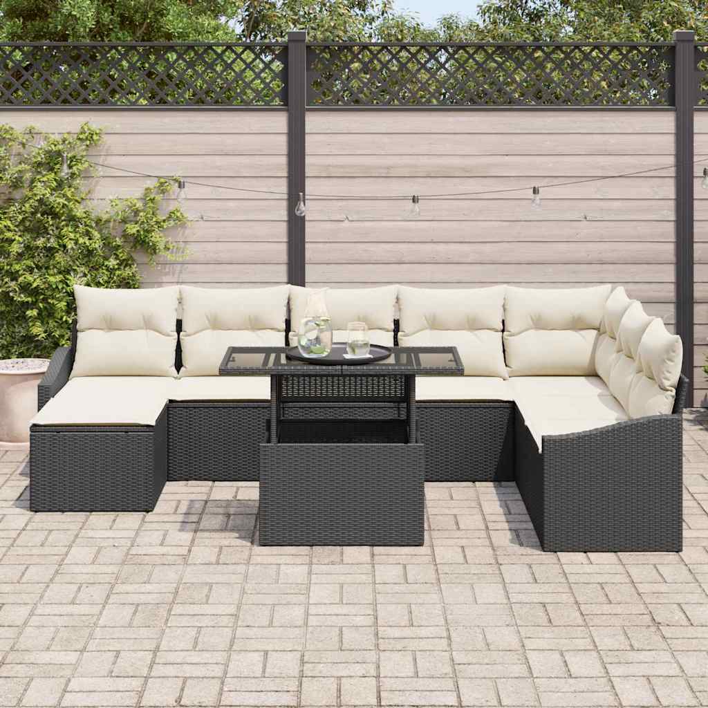 Bankstel 9 st Zwart en Crème poly rattan