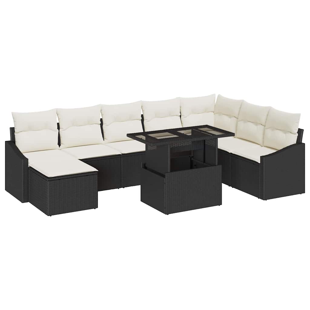 Bankstel 9 st Zwart en Crème poly rattan