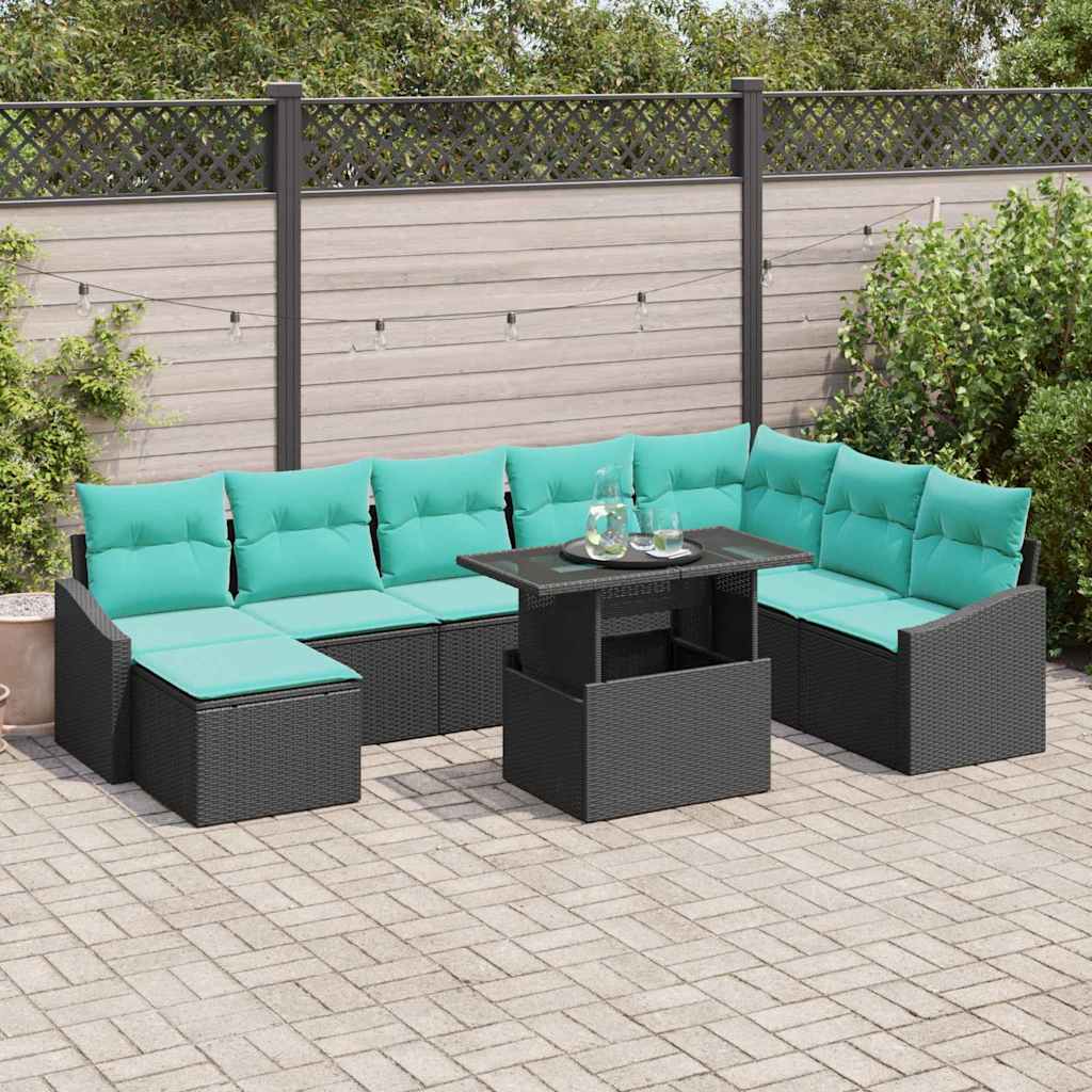 Bankstel 9 st Zwart en Blauw poly rattan