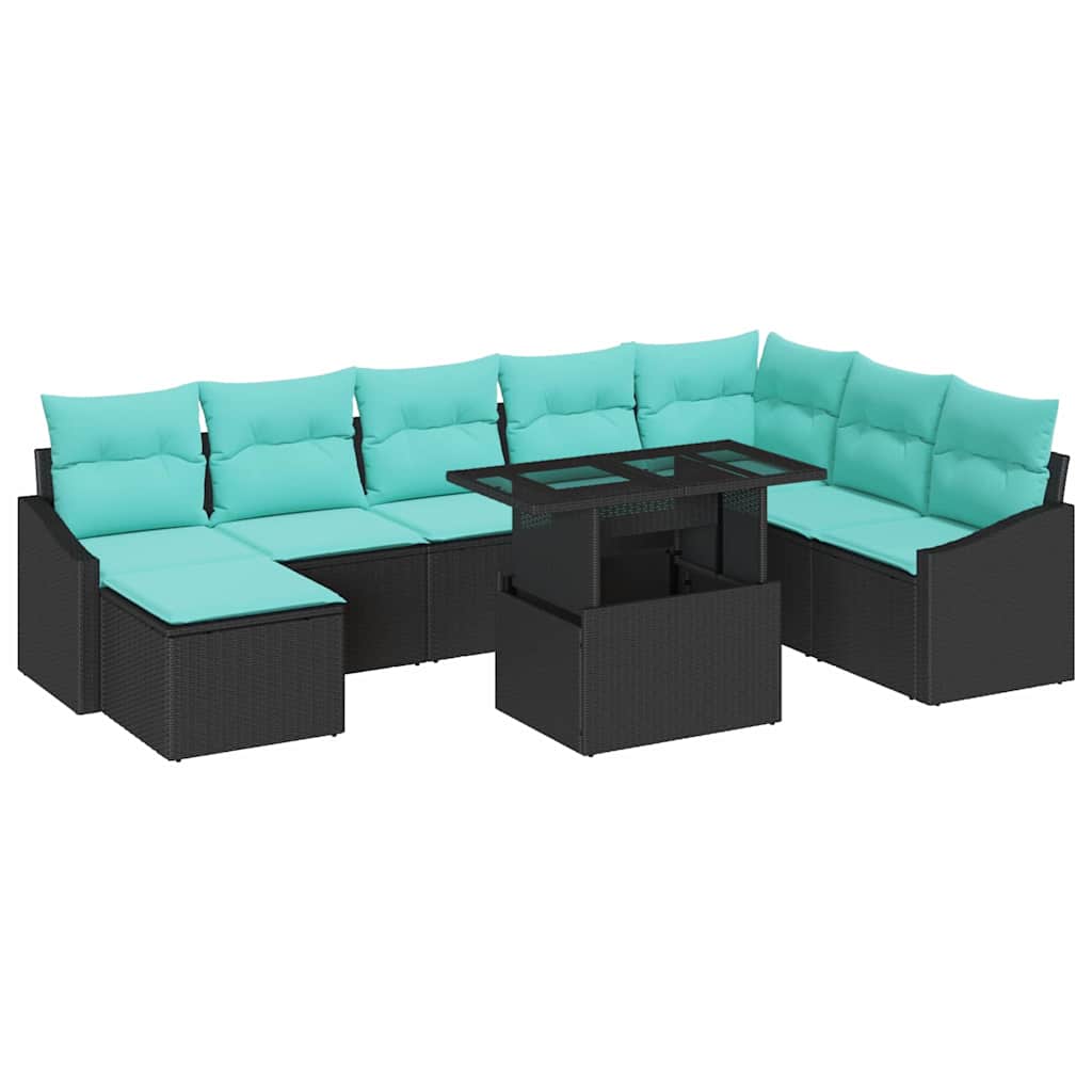 Bankstel 9 st Zwart en Blauw poly rattan
