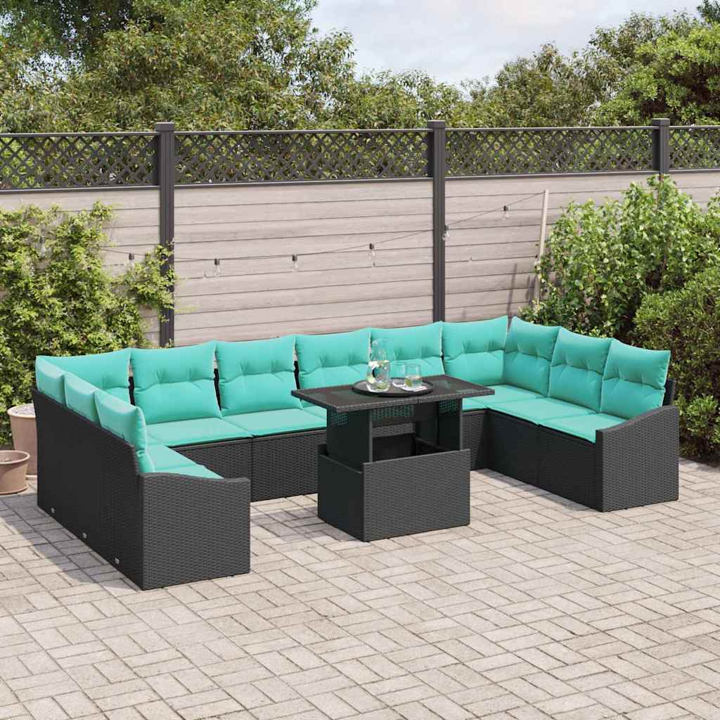 Bankstel 11 st 10-Aantal zitplaatsen Zwart en Blauw poly rattan