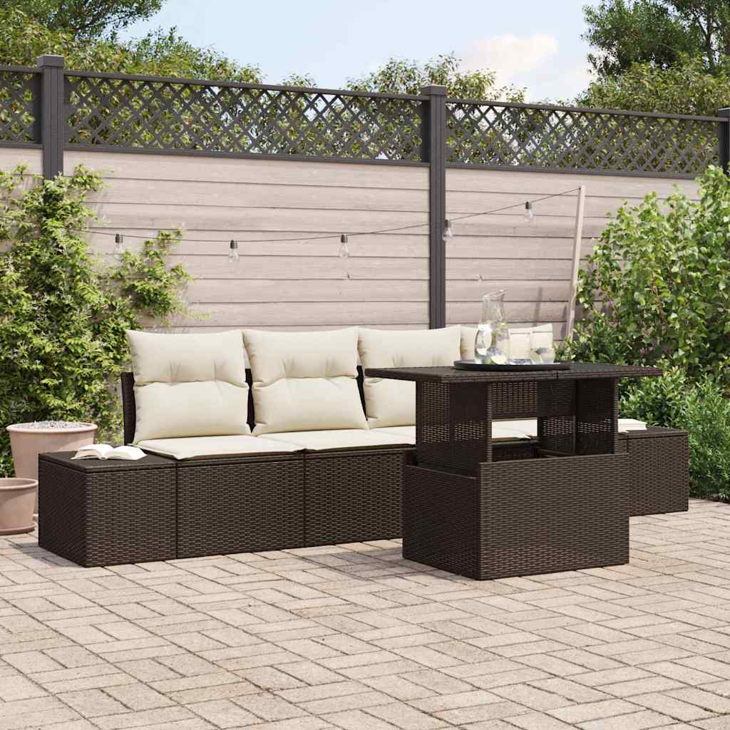 Bankstel 5 st Bruin en Crème poly rattan
