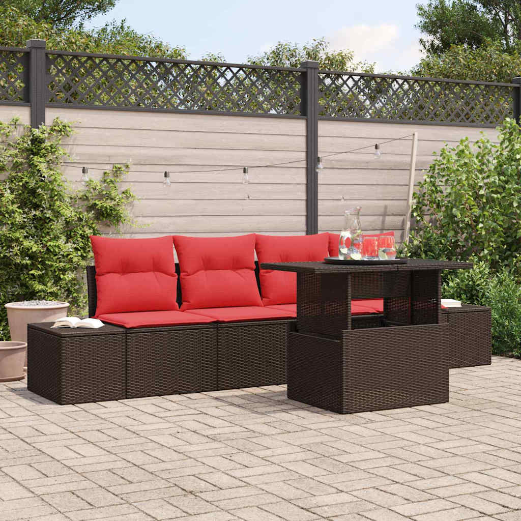 Bankstel 5 st 4-Aantal zitplaatsen Bruin en Rood poly rattan