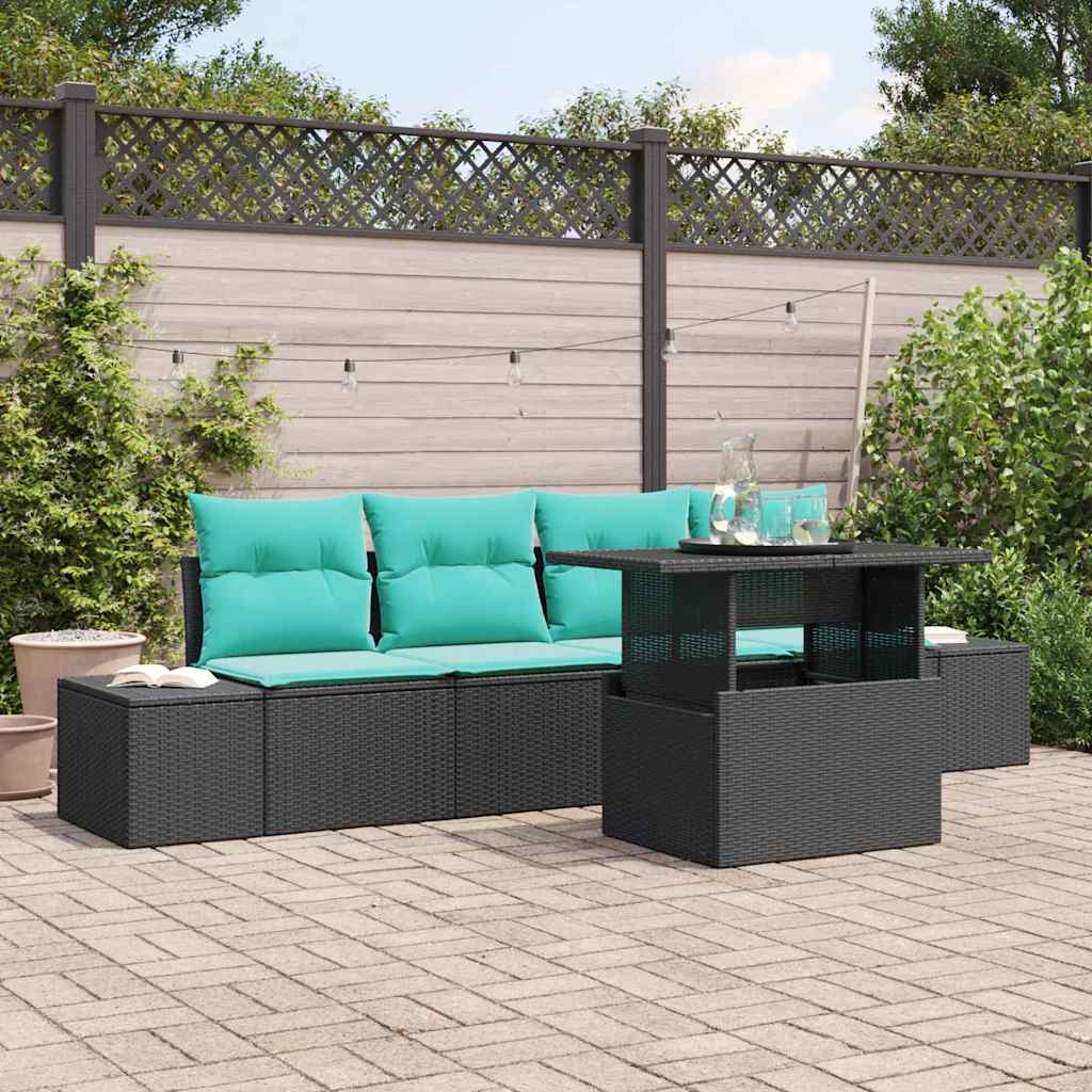 Bankstel 5 st 4-Aantal zitplaatsen Zwart en Blauw poly rattan