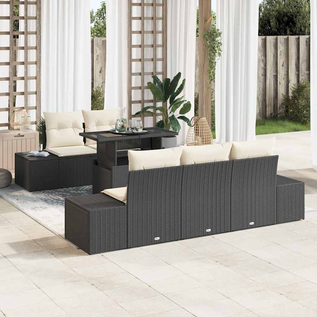 Bankstel 6 st Zwart en Crème poly rattan