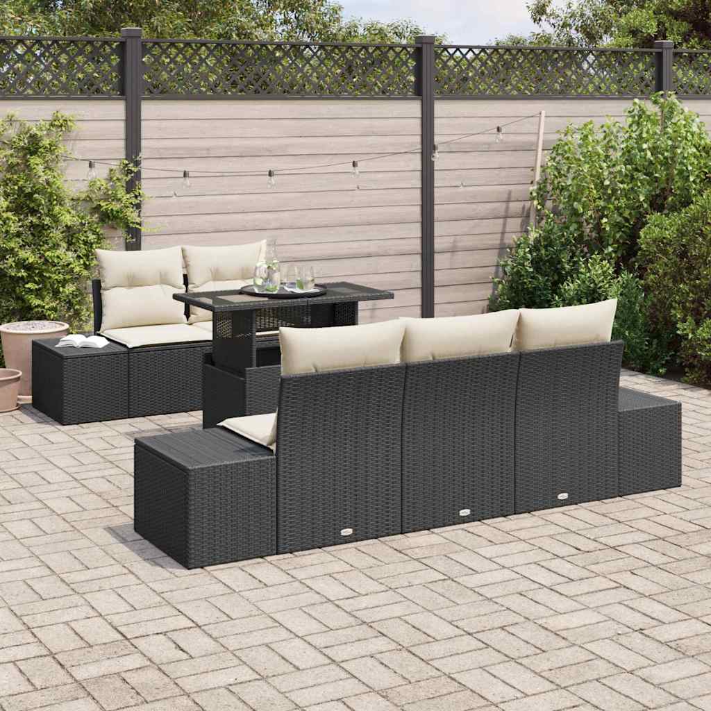 Bankstel 6 st Zwart en Crème poly rattan