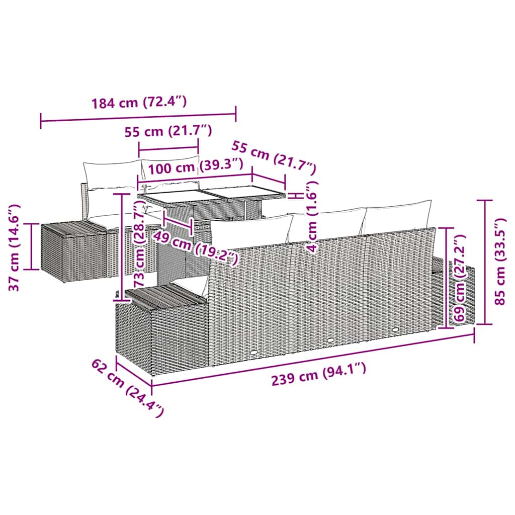 Bankstel 6 st Zwart en Crème poly rattan