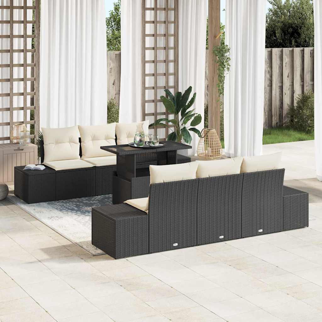 Bankstel 7 st Zwart en Crème poly rattan