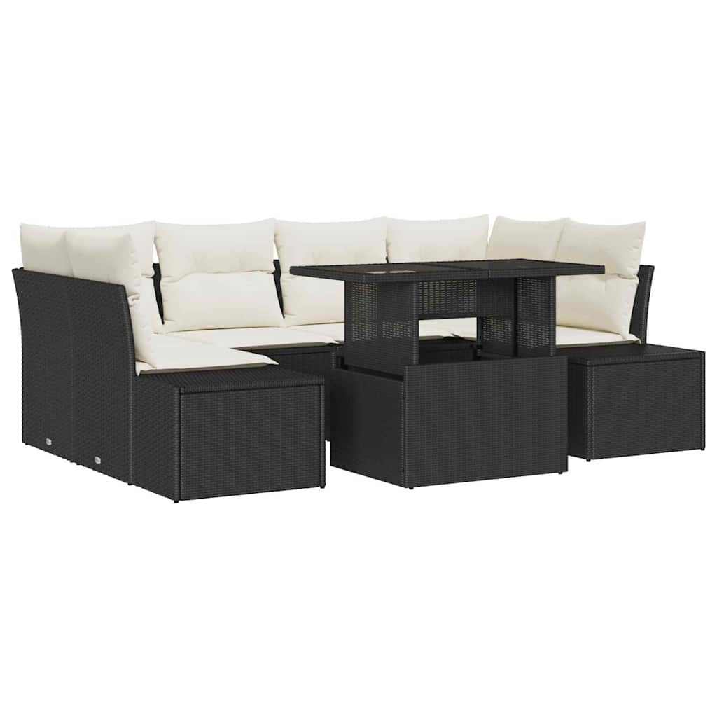Bankstel 7 st Zwart en Crème poly rattan